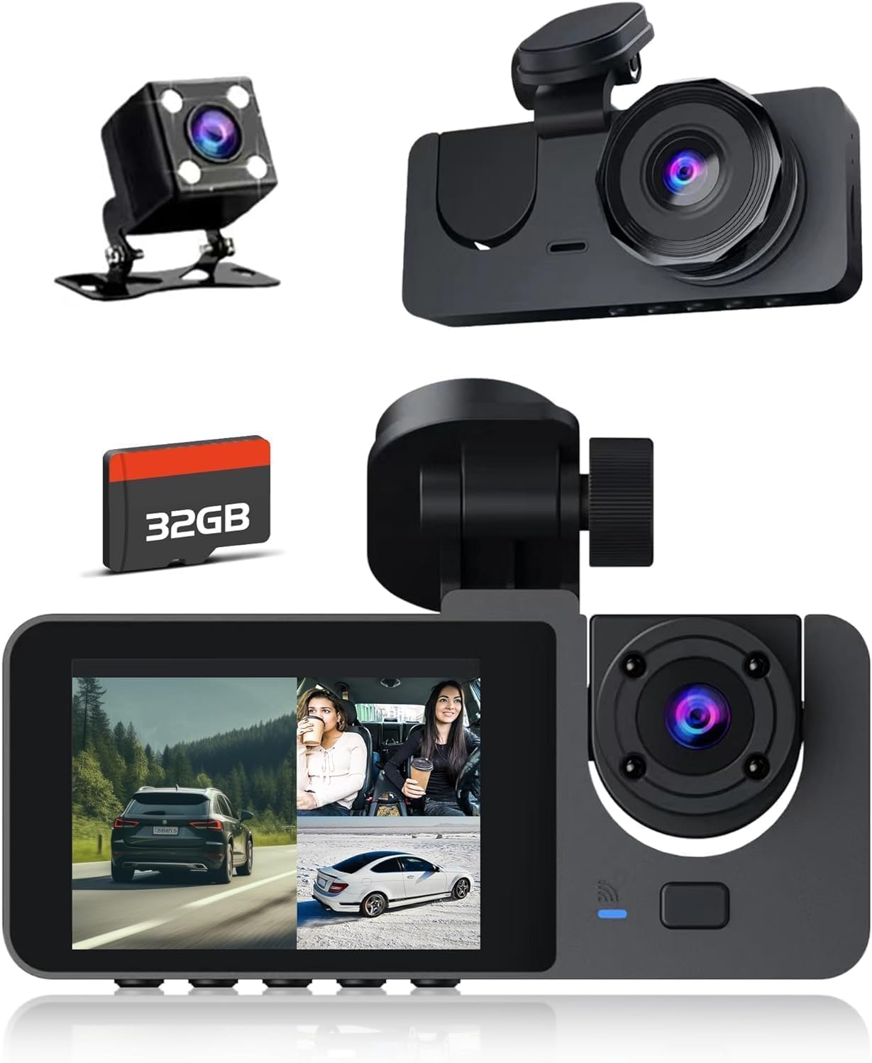Dash Cam Front and Rear Inside, 4K Full HD Triple Dash Camera for Cars, Car Camera with 32GB Card,Built-in Loop Recording,G-Sensor,24H Parking Monitor,WDR,Accident Lock