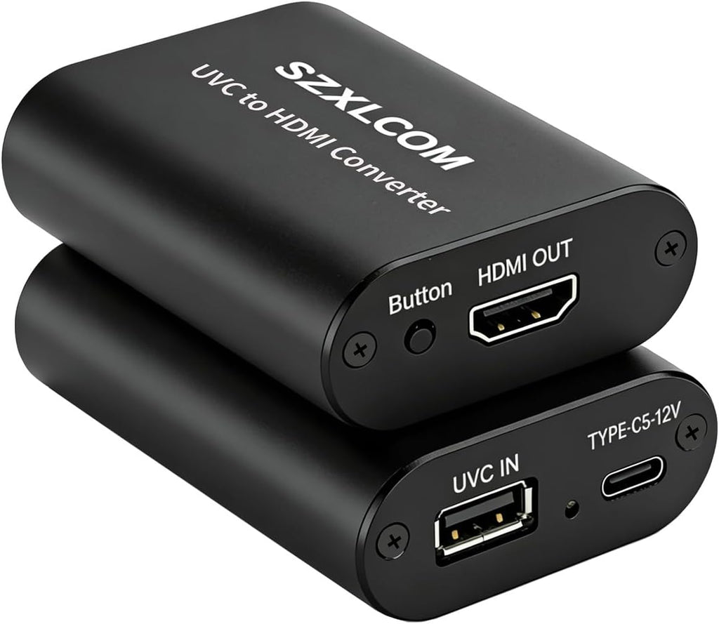 Convertidor UVC a HDMI SZXLCOM 1080P 60Hz, compatible con carga de cámara, conmutador de vídeo para cámaras web USB a salida de vídeo HDMI, para transmisión en directo a TV, monitor y tarjeta de captura HDMI.