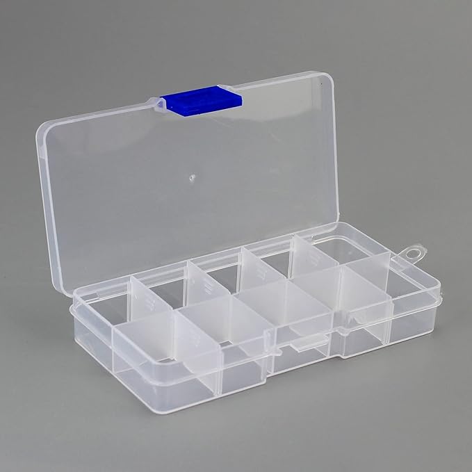 Caja organizadora de plástico transparente de 10 rejillas, 48 sets plásticos, contenedor de almacenamiento con divisores ajustables para cuentas, arte, manualidades, joyas, boyas para pesca y cuerda de yute para pesca