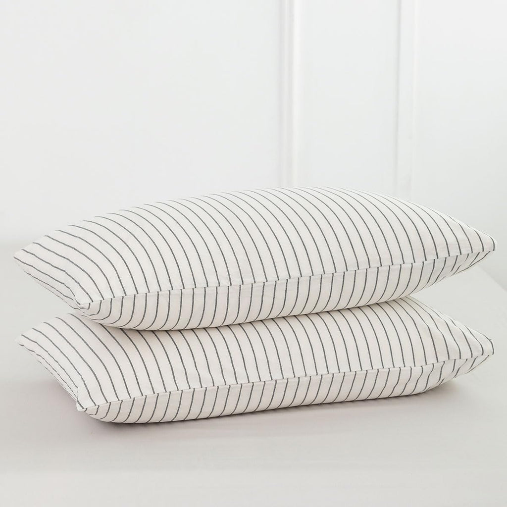 Fundas de Almohada MooMee Bedding Pack 2 – 100% Algodón Lavado Textura Lino, Rayas Blanco y Gris Oscuro, Tamaño Estándar