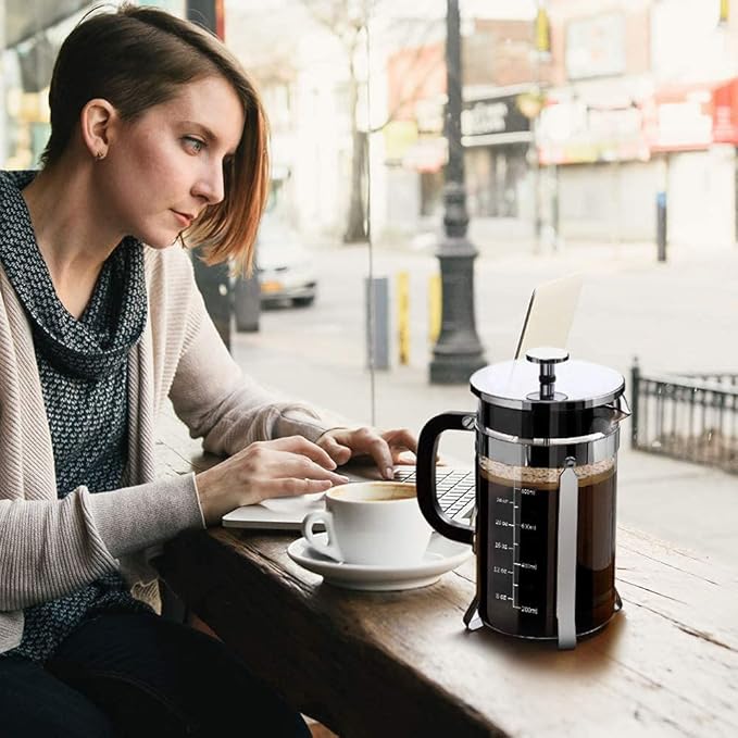 Cafetera de prensa francesa de 34 onzas, prensa francesa de acero inoxidable 304 con 4 filtros, resistente al calor, duradera, fácil de limpiar, prensa de café de vidrio de borosilicato