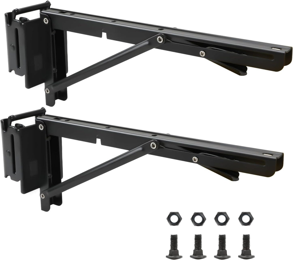12 Inch Double Fittings E Track Shelf Bracket - Durable Hinged Collapsible Table Brackets - 2 Pack Black Powder Coating E-Track Accessories for etrack Workbench Shelves