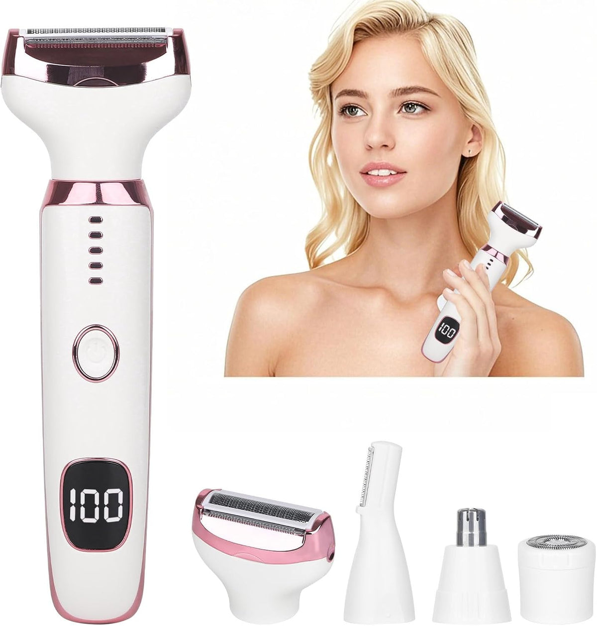 Afeitadora eléctrica Beanify para uso en seco y húmedo para mujeres y hombres, 4 en 1, recargable, con pantalla LED, afeitadora eléctrica y depiladora facial, afeitadora corporal indolora para mujer para nariz, rostro, cuerpo, piernas, bikini y brazos