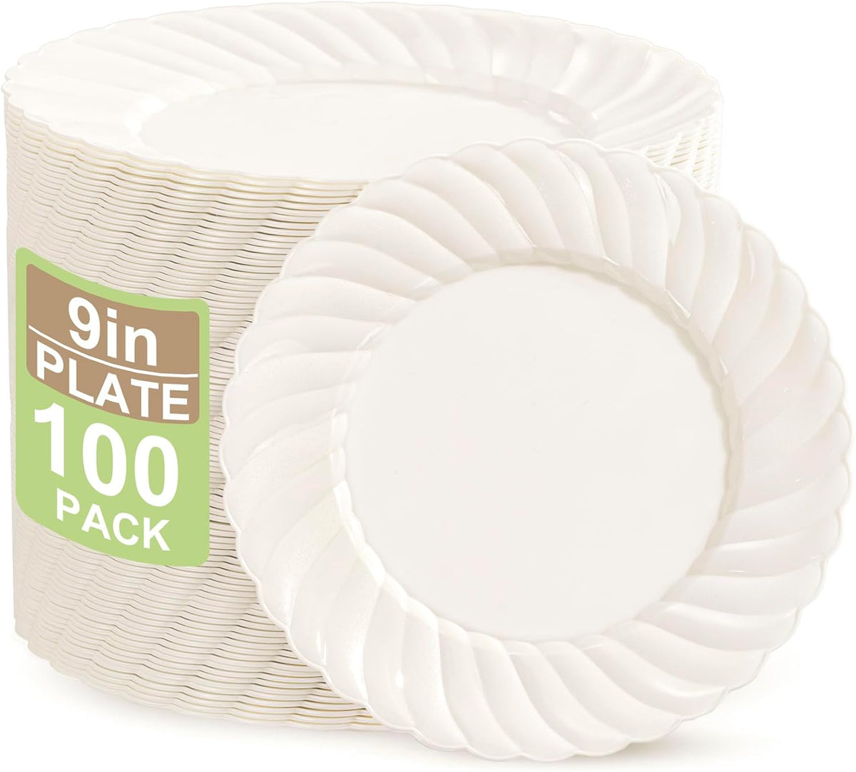 Platos de Plástico U-QE Marfil 100 Piezas de 9 Pulgadas | Platos Desechables con Borde Festoneado | Resistentes para Fiestas, Bodas y Eventos