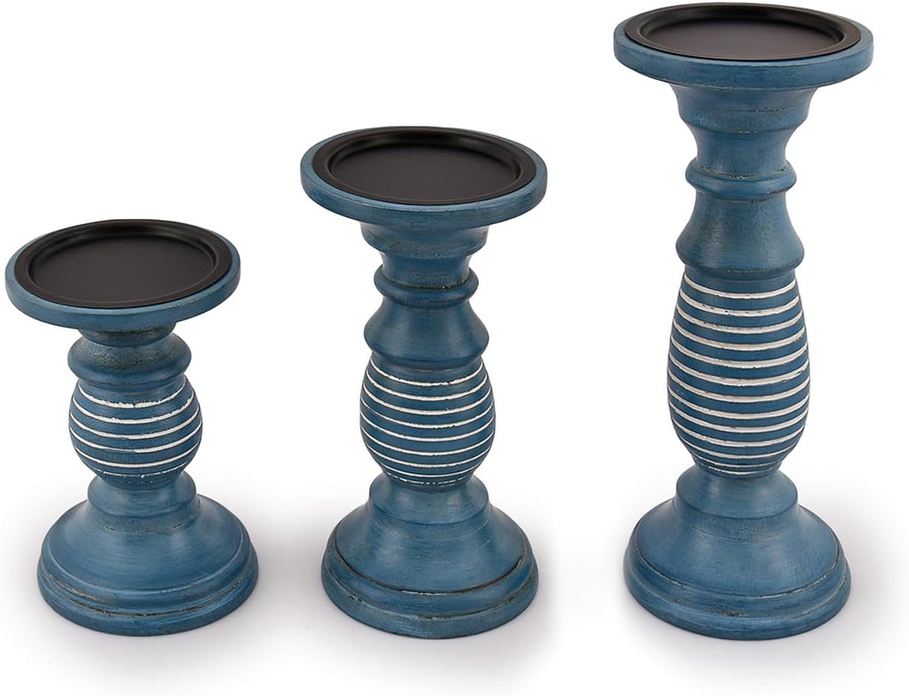 BHAVATU Candleholder Sets Mango Wood Blue Distressed Finish for Rustic, Vintage, and Antique Style Interior Designs for Table Centerpieces Brown Home Decor Kitchen
