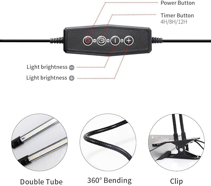 GooingTop Luz LED de crecimiento, 6000 K, lámpara de cultivo de plantas con clip de espectro completo con LED blanco y rojo para plantas de interior, 5 niveles regulables, temporizador de encendido