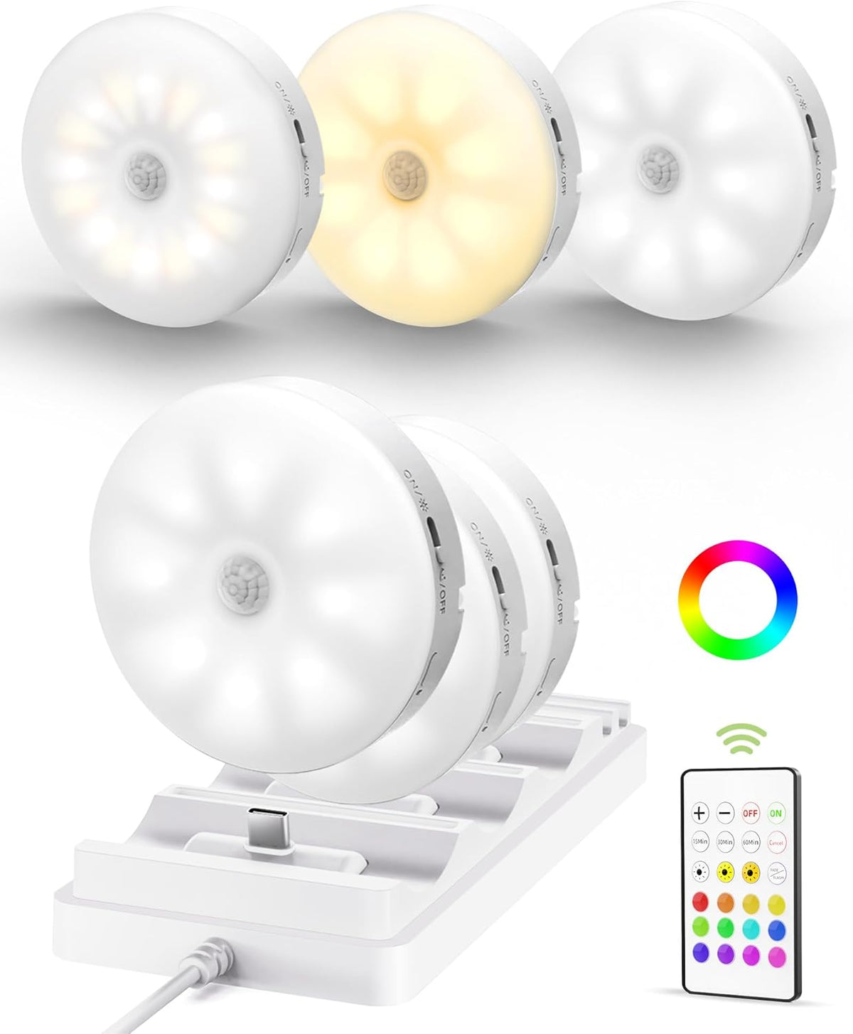 Iluminación bajo armarios EZVALO con estación de carga, luces recargables tipo disco de 1000 mAh con control remoto, 3 temperaturas de color y 12 luces RGB para armarios, luces regulables con sensor de movimiento para estantes y cocina (paquete de 6)