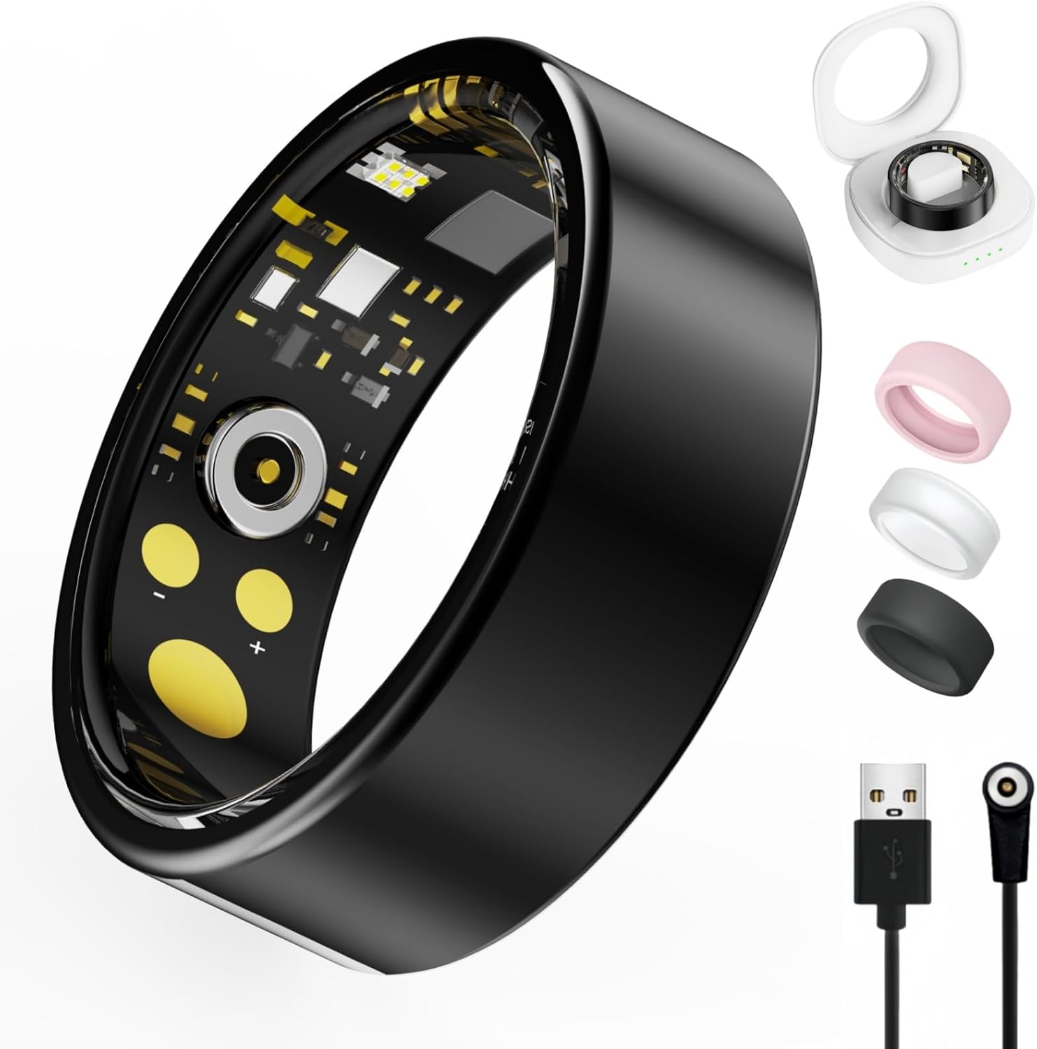 Oucscru Smart Ring - Health Tracker with Heart Rate, Blood Oxygen, Sleep Monitor, Step Counter - IP68 Waterproof - No App Fees - For iPhone & Android (Black, Size 7)