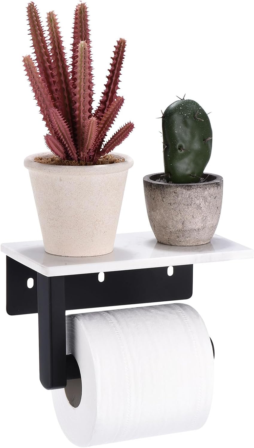 Soporte de papel higiénico con estante de mármol, soporte de papel higiénico montado en la pared de acero inoxidable para baño, soporte de papel higiénico con parte superior de mármol
