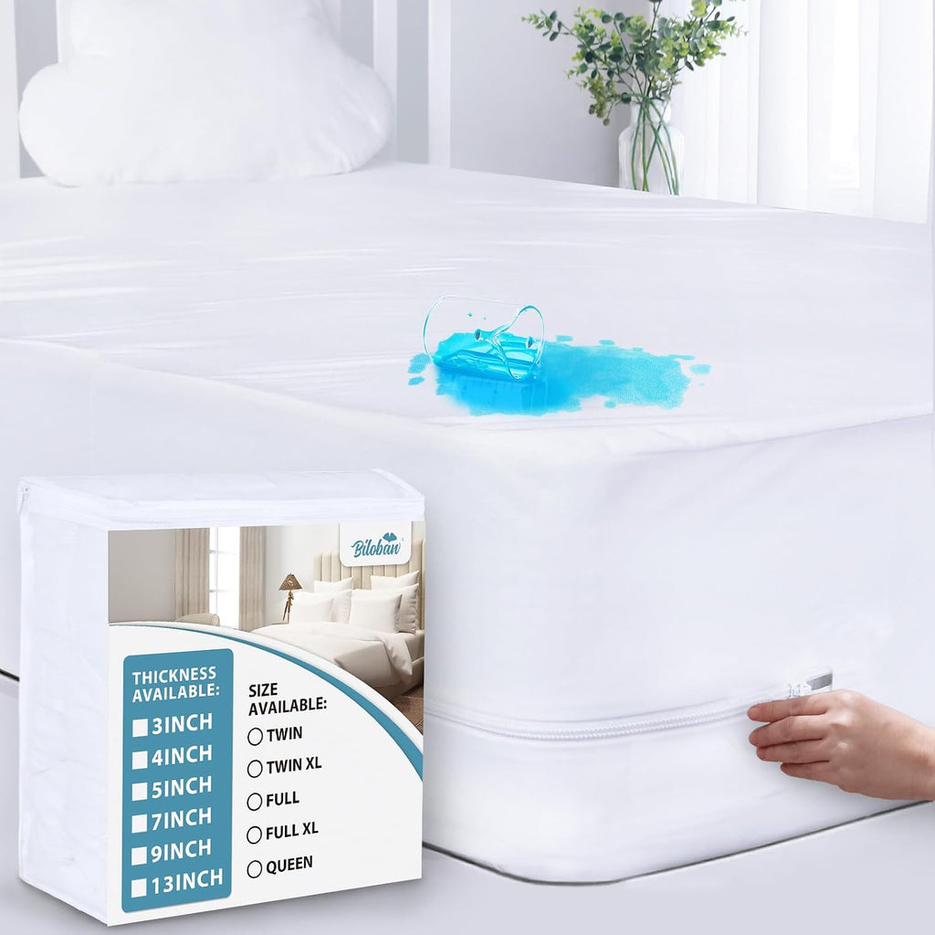Protector de colchón Queen (3/4/5/7/9/13 pulgadas), funda impermeable para colchón con bolsillo extra profundo, funda con cremallera, funda premium de 6 lados, transpirable y absorbente.