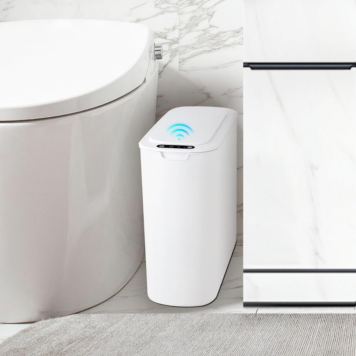 Papelera de baño TIPGO con sensor de movimiento automático y tapa, 2,6 galones, sin contacto, papelera inteligente de plástico delgada para dormitorio, oficina o residencia estudiantil (blanca).