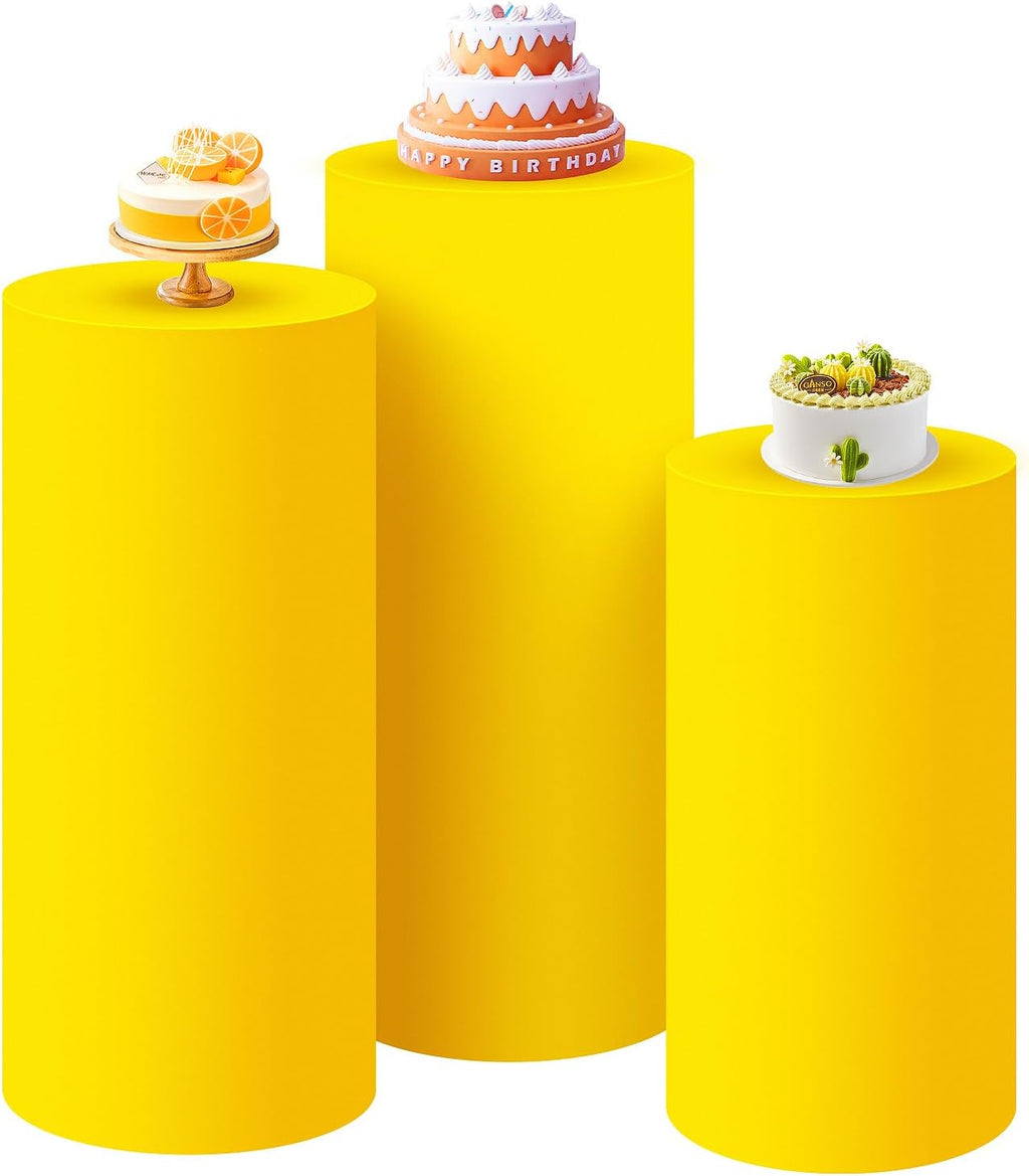 SaitiMade Set de 3 Fundas para Pedestales Cilindricos Amarillas | Cubiertas de Spandex para Cilindros de Fiesta, Boda o Cumpleanos | Solo Cubiertas