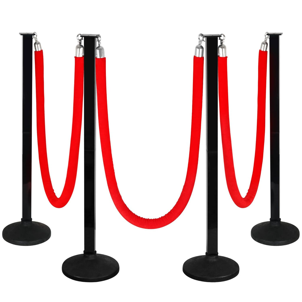Paquete de 4 postes con cuerda de terciopelo, postes para control de multitudes, postes para filas de cine, artículos para fiestas (rojo)…