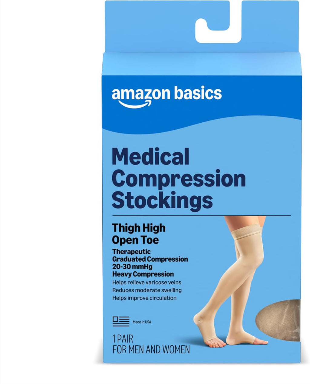Amazon Basic Care Medias de Compresion Medica para Circulacion, Varices, Edema e Hinchazon | 20-30 mmHg | Mujer y Hombre, Largo Muslo, Punta Abierta | Beige, Talla XL