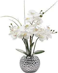 Oairse Orquídea Artificial Blanca Phalaenopsis 20.8" – Arreglo Floral en Maceta Plateada, Centro de Mesa para Comedor y Sala