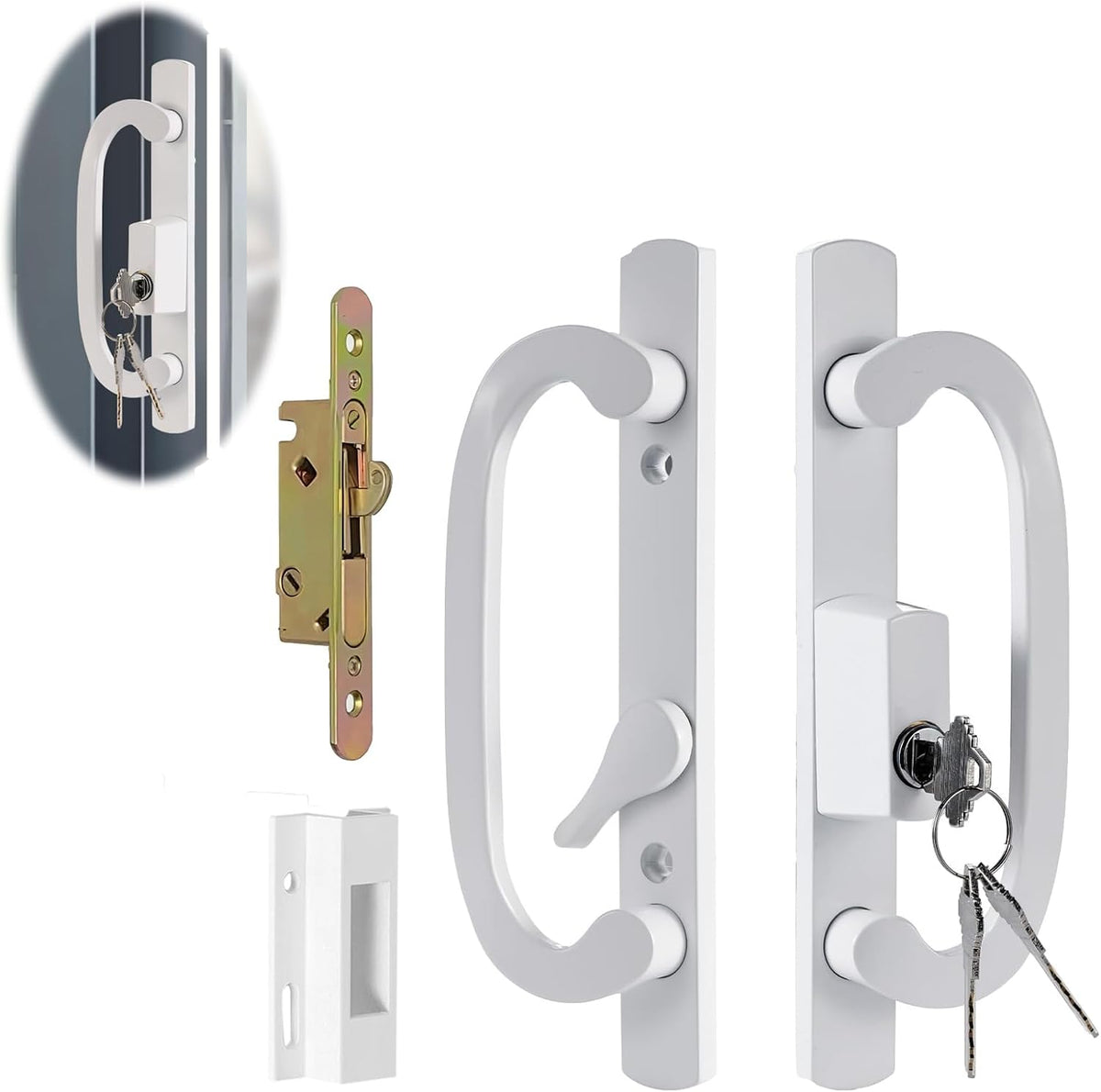 Manija para puerta corrediza de patio con centro descentrado y cerradura de embutir, con ranura para llave de 45°, 3-15/16" H.C., sin manija. Se utiliza para puertas corredizas de vidrio y puertas de patio de 1-3/8" a 2" de espesor (blanco), aleación de