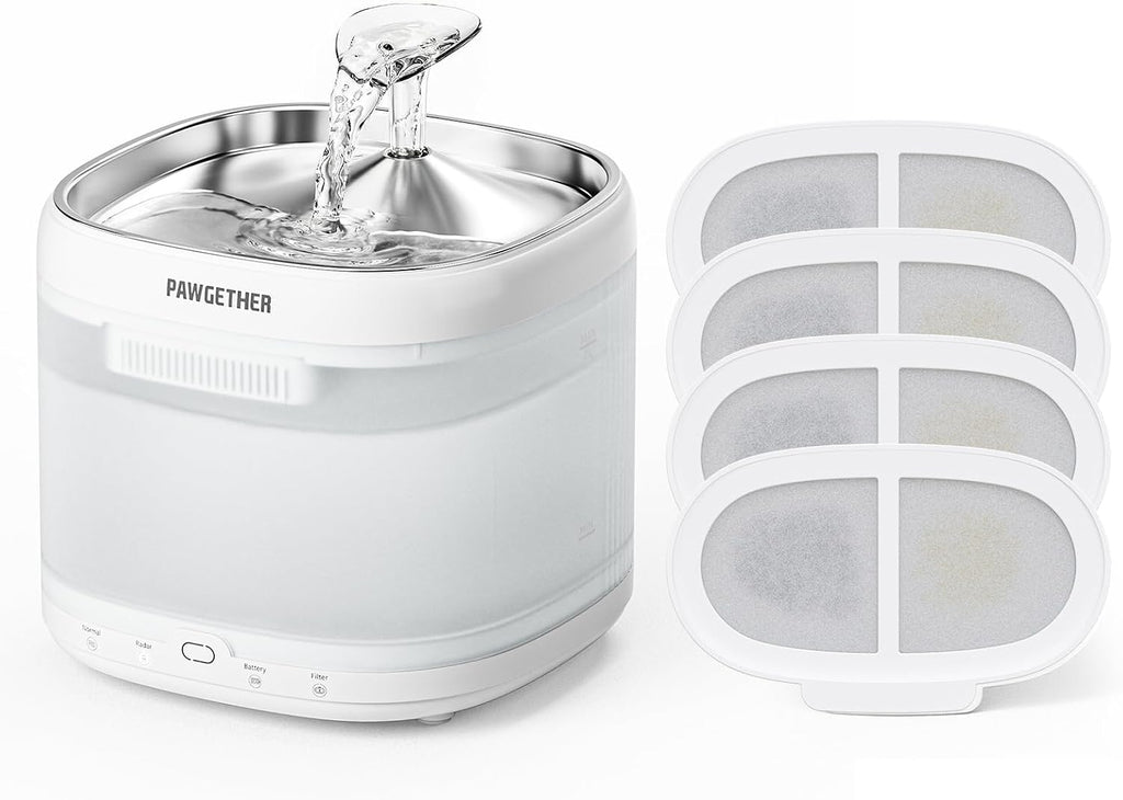 USADO-PAWGETHER Fuente de Agua para Gatos con 4 Filtros | Ultra Silenciosa Sin Bomba con Bandeja de Acero Inoxidable | 67oz/2L con Sensor de Movimiento 360° para Gatos y Perros