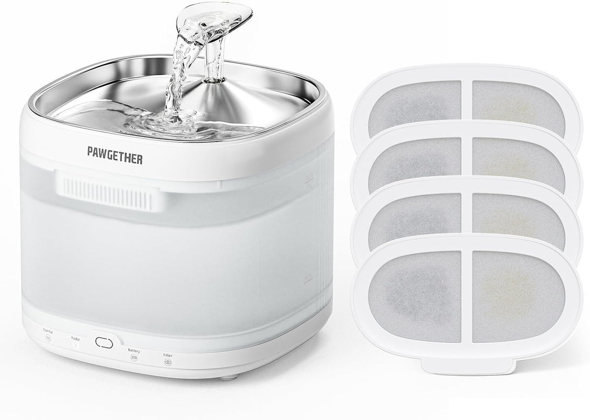 USADO-PAWGETHER Fuente de Agua para Gatos con 4 Filtros | Ultra Silenciosa Sin Bomba con Bandeja de Acero Inoxidable | 67oz/2L con Sensor de Movimiento 360° para Gatos y Perros