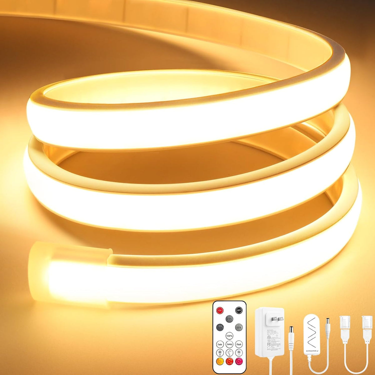 Tiras de luces LED COB Lamomo Pro, 5 metros (16,4 pies), luz LED autoadhesiva regulable de color blanco cálido con control remoto, cintas de luces de neón de silicona flexibles, recortables e impermeables de 3000 K para dormitorio, interiores
