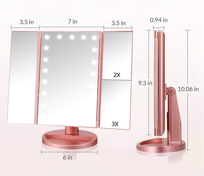 Infitrans Espejo de Maquillaje Trifold con Luces LED – Aumento 1X 2X 3X, Control Táctil, Rotación Ajustable, Doble Fuente de Poder, Portátil