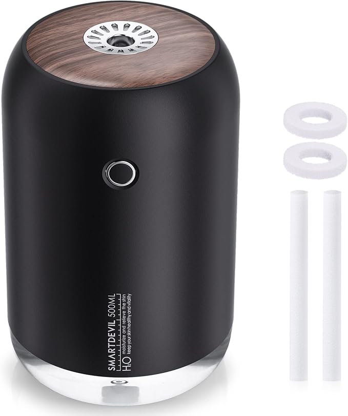 Humidificador portátil pequeño SmartDevil, mini humidificador de escritorio de 500 ml, humidificador personal USB para dormitorio, oficina, viajes, plantas, apagado automático, 2 modos de niebla, súper silencioso, negro