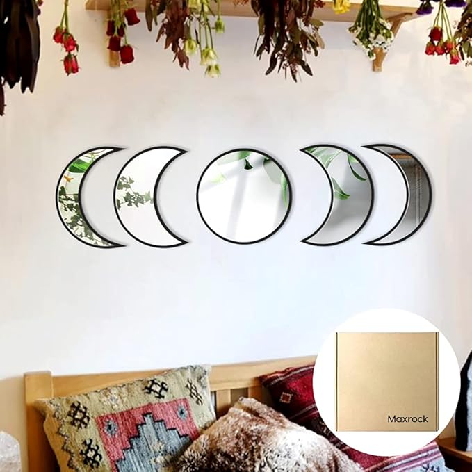MAXROCK Espejos acrílicos escandinavos de fase lunar de decoración natural, juego de espejos de fase lunar, decoración de pared bohemia para sala de estar y dormitorio (no espejo real)