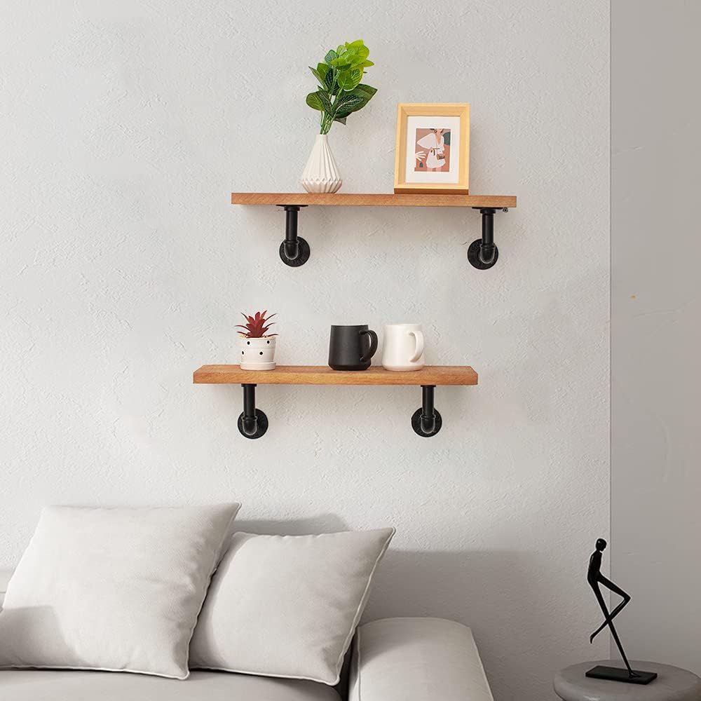 Estantes de Madera de Granero Reciclada con Soportes de Tubo Industrial Negro | Juego de 2 | Estilo Rústico Industrial