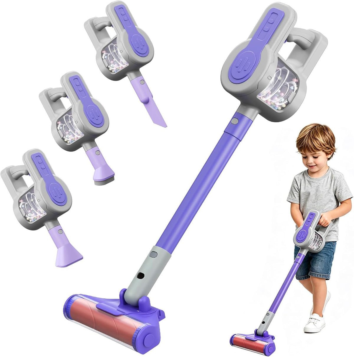 Aspiradora de juguete Essovee para niños, aspiradora 4 en 1 para niños pequeños, juego de rol educativo STEM para niñas y niños de 3 y 4 años (morado)