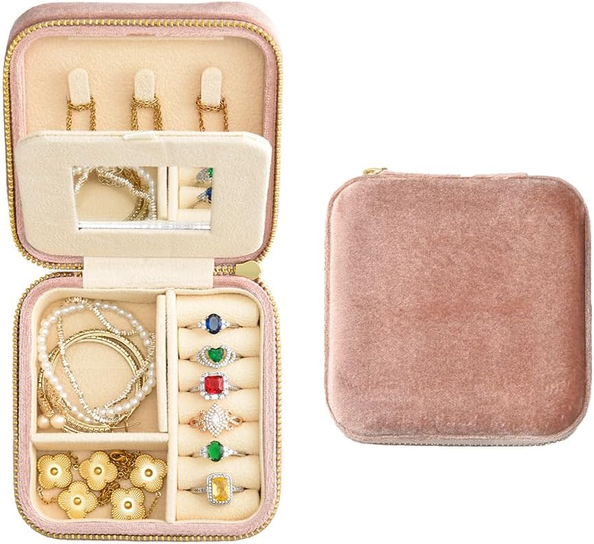 Estuche de Viaje para Joyas TAIMY – Terciopelo Suave, Mini Joyero Portátil con Espejo, Melocotón Rosado