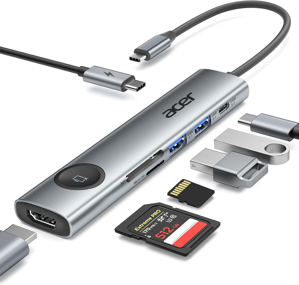 Acer Hub USB C 7 en 1 | Adaptador Multipuerto USB C a HDMI 4K@60Hz, 100W PD | 2 USB A 3.1 + Type-C 3.1 5Gbps, Lector SD | Compatible Laptop y MacBook