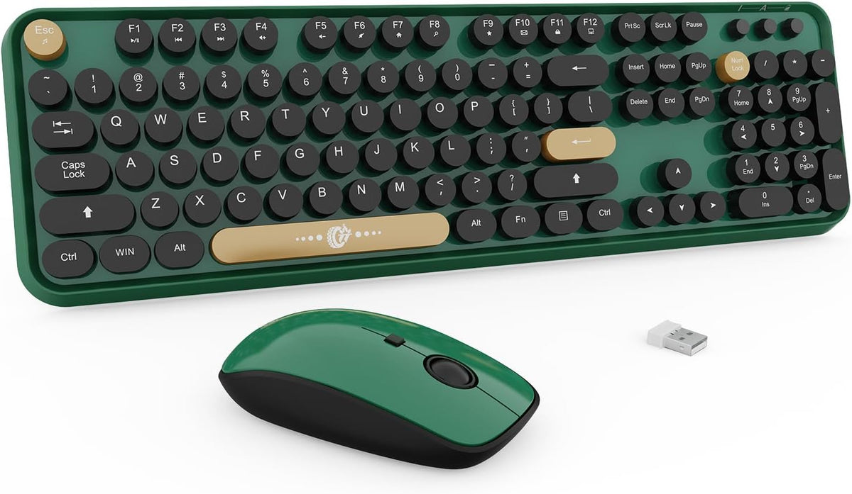 Combo de Teclado y Mouse Inalámbrico | 104 Teclas Redondas Estilo Máquina de Escribir Retro | Colorido para PC, Mac y Laptop | Verde