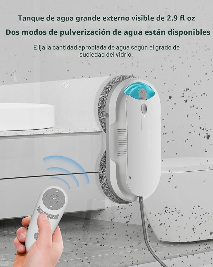 Robot de limpieza de ventanas - Succión de doble hélice 4800-6400Pa, rociador ultrasónico dual, tanque de 2.9 fl oz, detección de bordes, anticaídas, 3 modos de limpieza para vidrio sin rayas