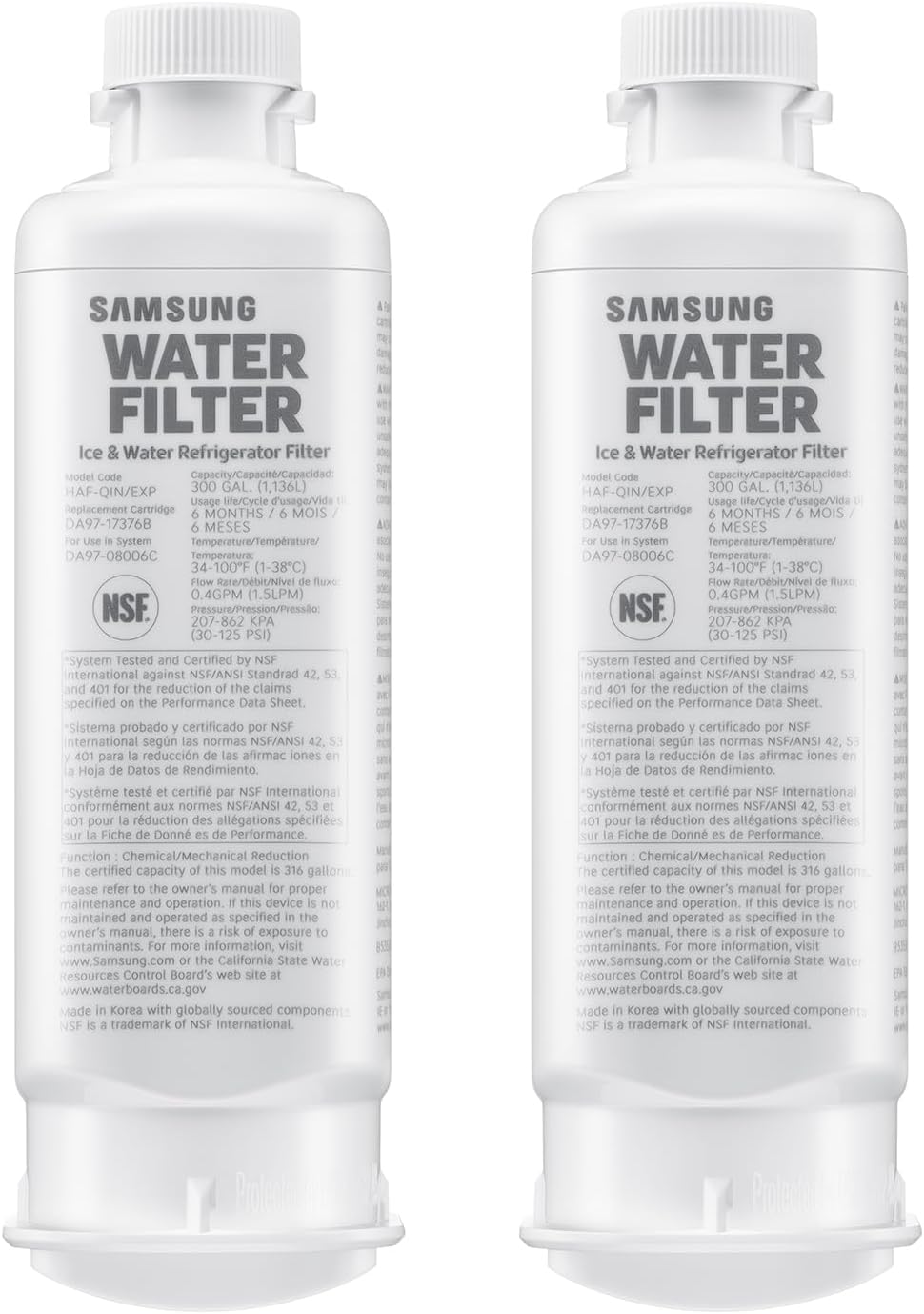 Filtro de Agua Genuine para Refrigerador Samsung HAF-QIN-2P/EXP, Reduce el 99% de Contaminantes Dañinos para Agua Potable Limpia y Clara, Vida de 6 Meses, Instalación Fácil, Paquete de 2