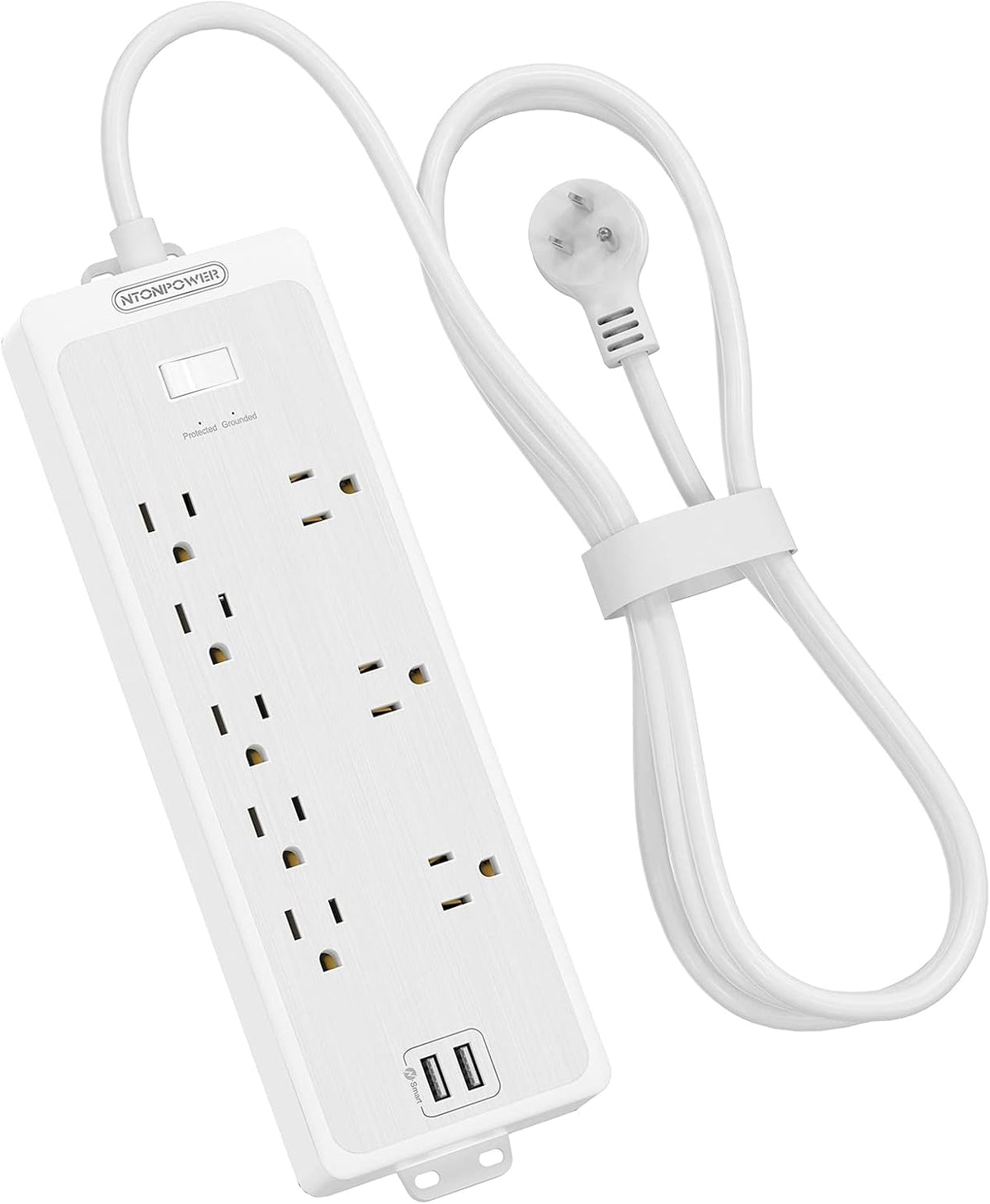 Regleta Protectora de Sobretensiones con Cable de 3m, 8 Tomas y 2 Puertos USB | Enchufe Plano, Montaje en Pared