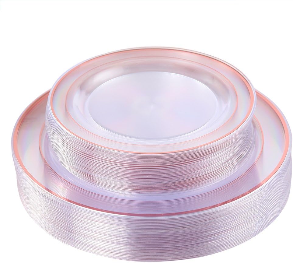 I00000 60 Piezas Platos de Plastico Oro Rosa | Set Desechable Transparente con Borde Oro Rosa | para Cena y Postre | Bodas, Fiestas y Fechas Especiales