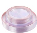 I00000 60 Piezas Platos de Plastico Oro Rosa | Set Desechable Transparente con Borde Oro Rosa | para Cena y Postre | Bodas, Fiestas y Fechas Especiales