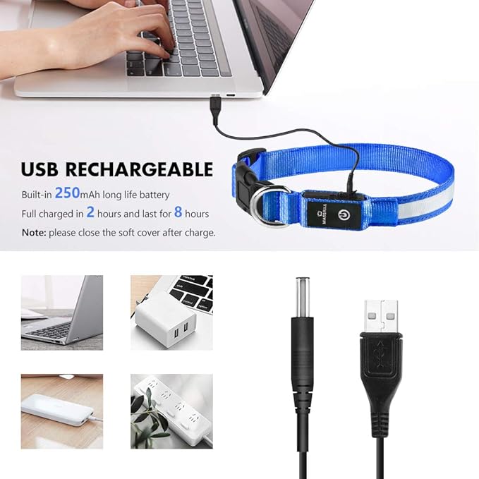 Collar luminoso para perros MASBRILL, luces LED para la oscuridad, recargable e impermeable, con 3 modos de iluminación, ajustable para perros pequeños, medianos y grandes (azul M).