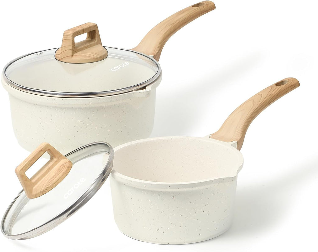 FALTA UNA TAPA -Juego de cacerolas CAROTE de 1.5 y 3.0 cuartos con tapa, ollas antiadherentes, juego de utensilios de cocina con boquilla para verter, olla pequeña para cocina, compatible con inducción, fácil de limpiar, libre de PFOA (granito blanco).