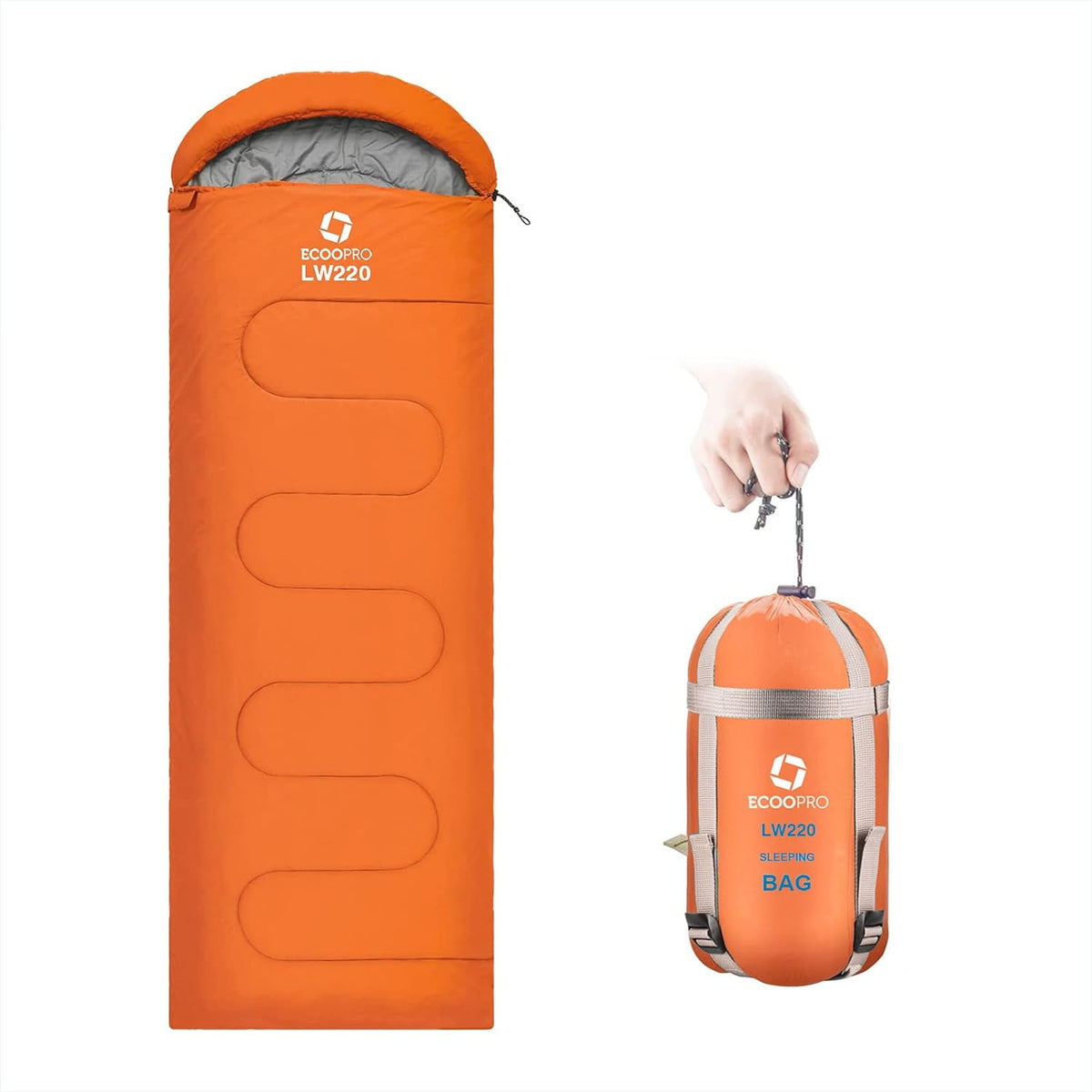 Saco de Dormir ECOOPRO para Clima Calido | Portatil, Impermeable, Compacto y Ligero | con Bolsa de Compresion | Camping y Senderismo | Naranja