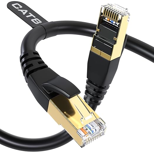 Cable Ethernet Cat8 250FT — 40Gbps, 2000MHz, Conector RJ45 Chapado en Oro, Interior y Exterior