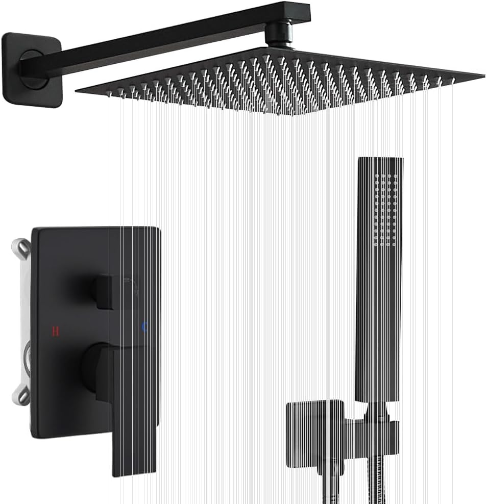 Sistema de Ducha JingGang Negro Mate 12" | Combo de Lluvia de Lujo | Montaje en Pared | Regadera de Lluvia y Ducha de Mano | Set de Grifería para Baño