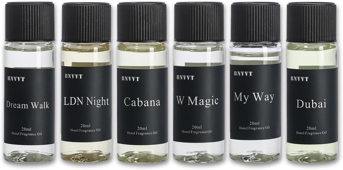 Set de aceites aromáticos Hotel Collection 20 ml / 0.68 fl oz – Aceites esenciales de lujo para aromaterapia, ideales para difusor y para perfumar el hogar, inspirados en icónicos hoteles de 5 estrellas – Set de regalo con 6 fragancias premium