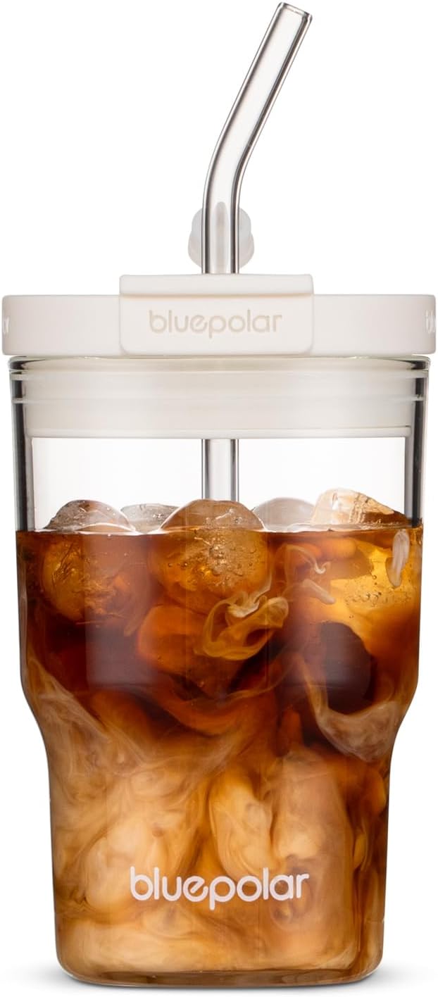 BLUEPOLAR Tazas de café helado de 16oz/480ml con tapas y popotes, vaso de vidrio reutilizable a prueba de fugas, botellas de agua, café de infusión fría, jarras de bebida para jugos, matcha, té