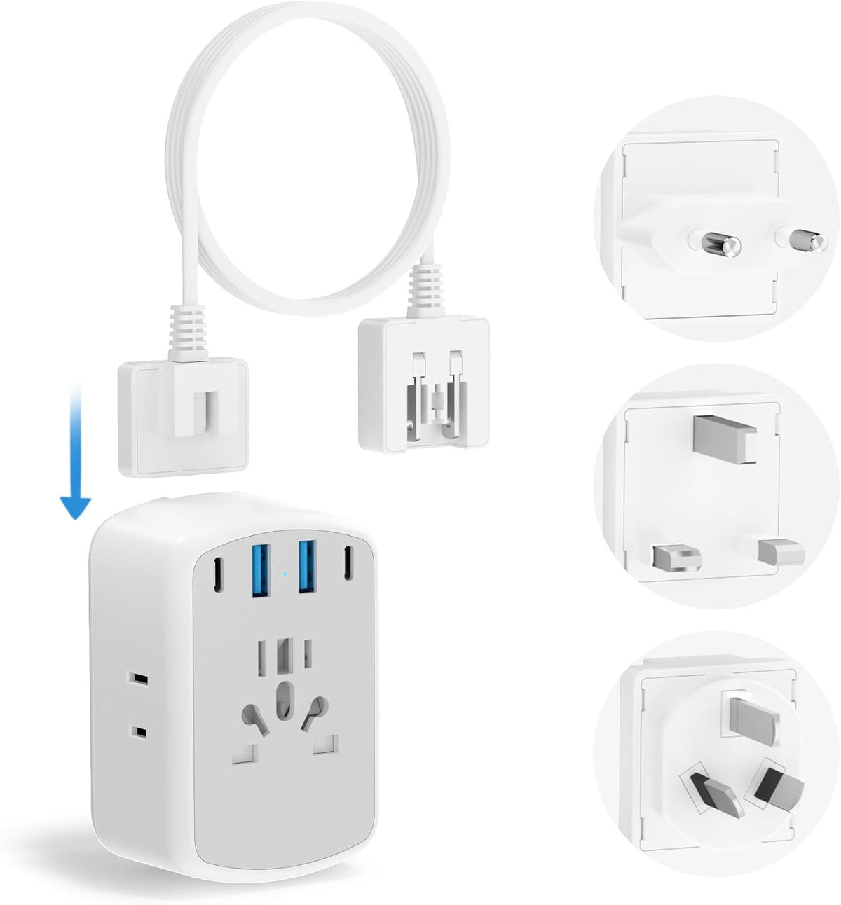 Kit adaptador de enchufe de viaje europeo Kakyanill, cable de extensión desmontable de 1, 5 m con enchufe tipo C/G/E/F, 4 tomas de corriente alterna, suministro de energía USB C de 20 W, adaptador de enchufe de viaje para Reino Unido, Alemania