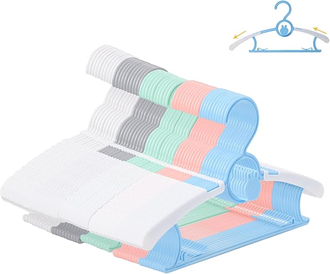 Paquete de 50 perchas para bebés, perchas antideslizantes para niños, colgador ajustable de 11 a 14 pulgadas, perchas de plástico que ahorran espacio para niñas y niños pequeños (multicolor)