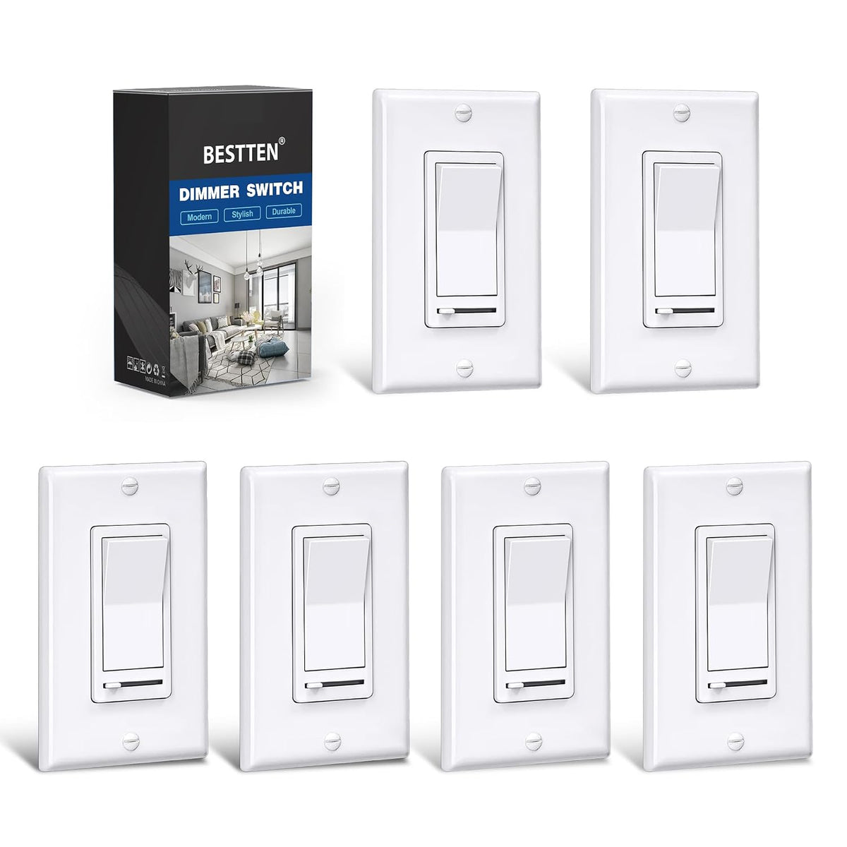 BESTTEN Paquete de 6 interruptores de luz con regulador de intensidad, interruptores LED con regulador de intensidad, unipolares o de 3 vías, para bombillas LED, halógenas e incandescentes regulables, 120 V, placa de pared incluida, color blanco