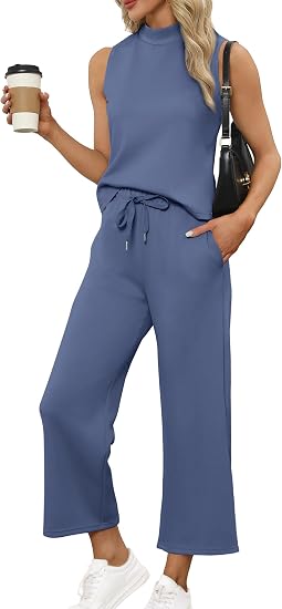Talla L | Sampeel Conjuntos de Dos Piezas para Mujer, Trajes de Verano, Conjuntos de Estar, Tops de Cuello Redondo, Pantalones de Pierna Ancha y Corte Corto, Trajes para Vacaciones y Viajes