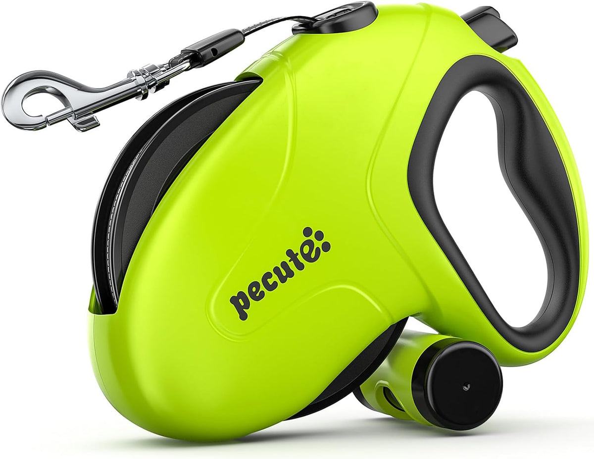 Correa retráctil Pecute de 9,75 m (32 pies) con tiras reflectantes, sin enredos de 360°, control con un solo botón y material de nailon resistente, correa larga retráctil con soporte para bolsas de excrementos para perros medianos y grandes.