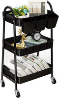danpinera 3-Tier Rolling Cart, Utility Cart Mobile Metal Rolling Storage Cart with Lockable Wheels & Hanging Cups & Hooks for Kitchen, Bathroom, Office, Workshop, Black