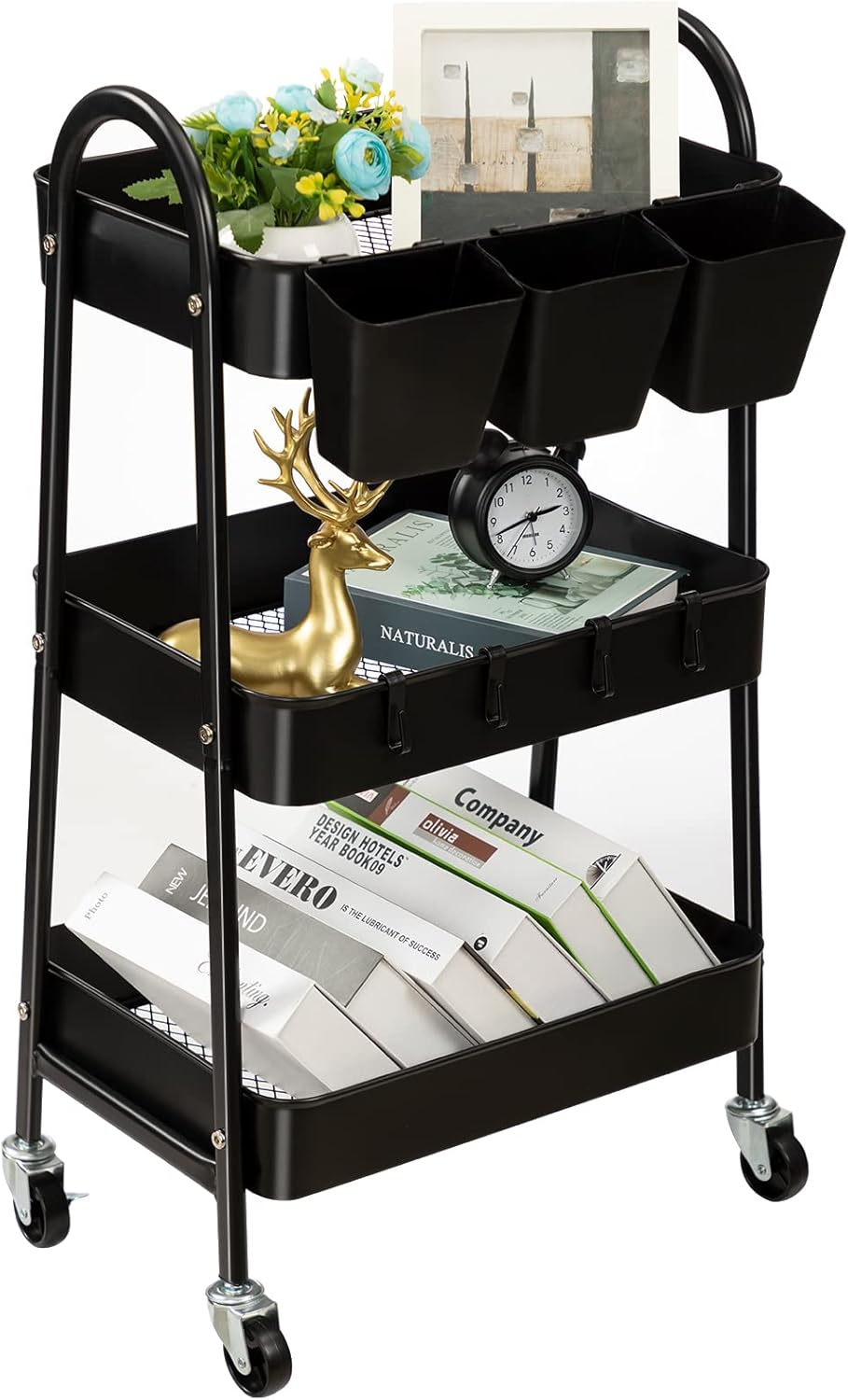 danpinera 3-Tier Rolling Cart, Utility Cart Mobile Metal Rolling Storage Cart with Lockable Wheels & Hanging Cups & Hooks for Kitchen, Bathroom, Office, Workshop, Black